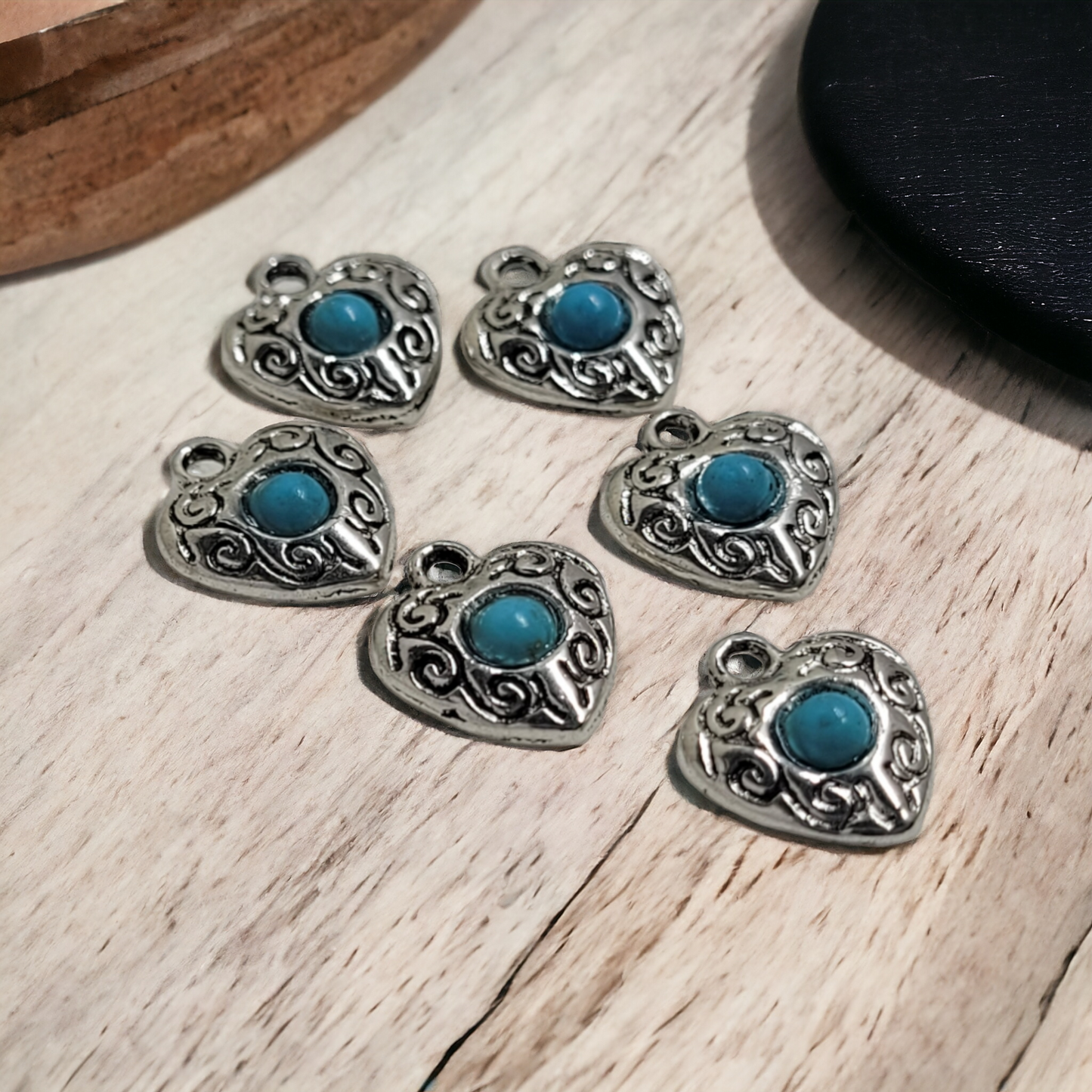 Heart Turquoise/Silver Charms - 6 pieces - Earring Findings