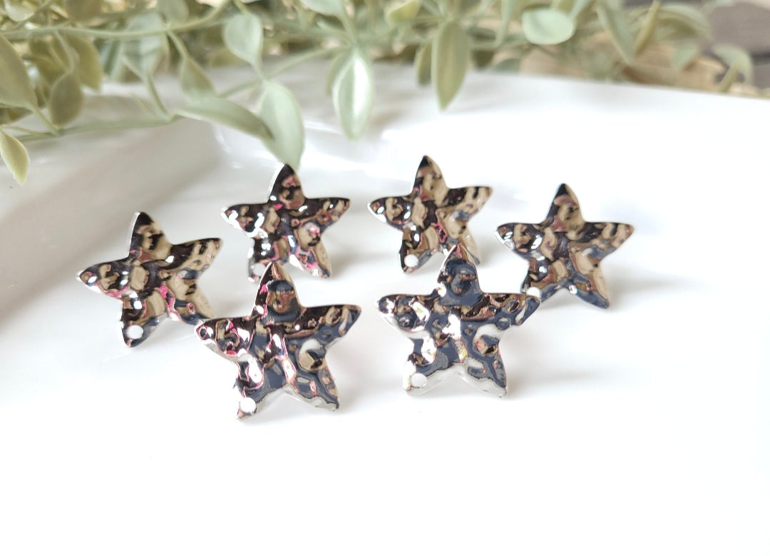 Star Stud Earring connectors - silver - Hammered texture (3 pair)