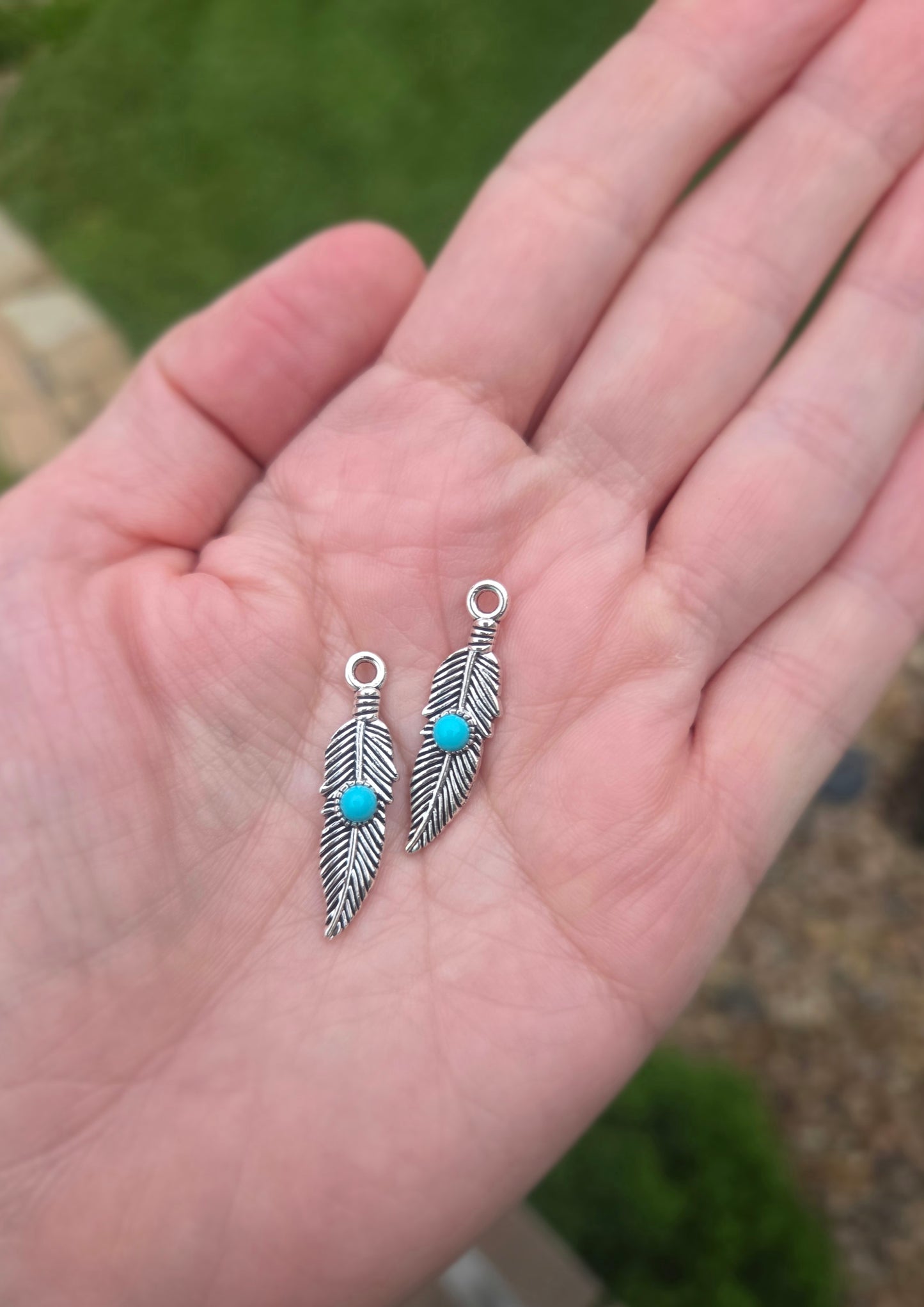 Detailed Feather Charms - Turquoise/Silver - 6 pieces - Findings/Charms