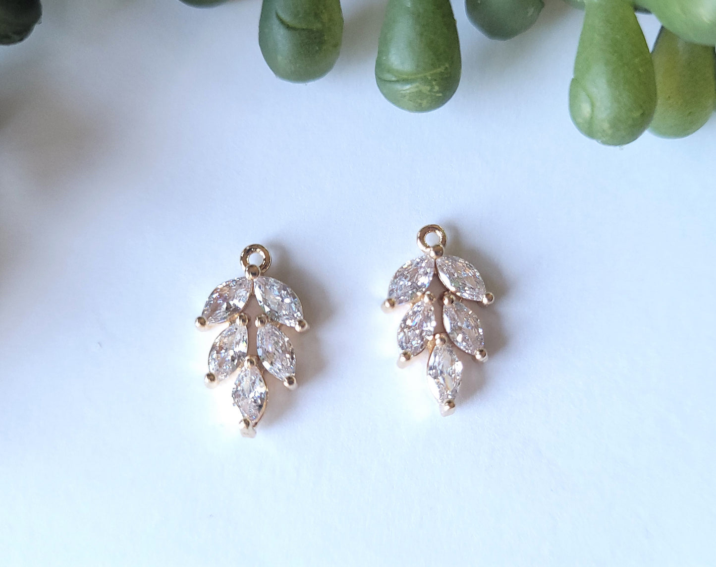 Rhinestone Feather Charms - gold -3 pair