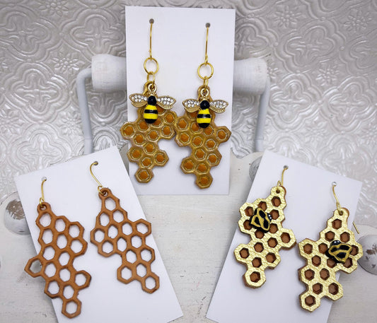 Honeycomb with Bees- 2" Embossed Pair - Steel Rule Wooden Earring Die