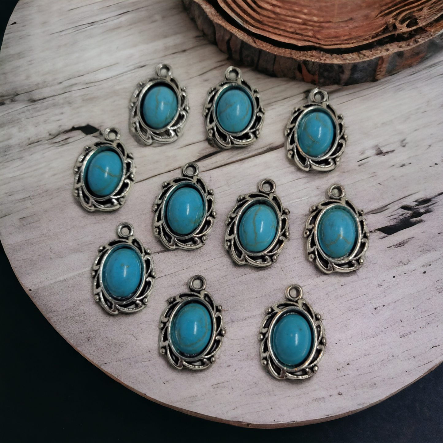 Decorative Oval Turquoise/Silver Charms - 10 pieces - Earring Findings