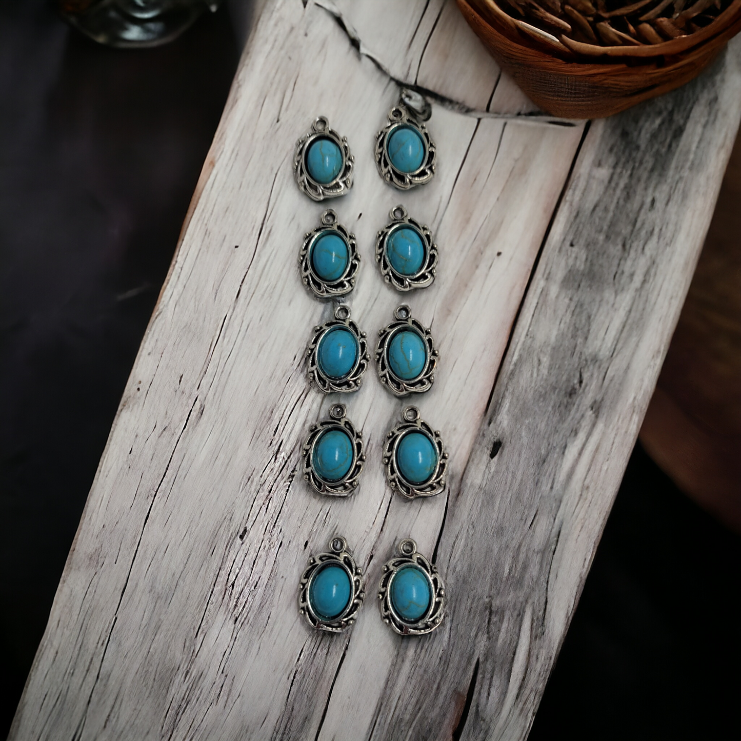 Decorative Oval Turquoise/Silver Charms - 10 pieces - Earring Findings