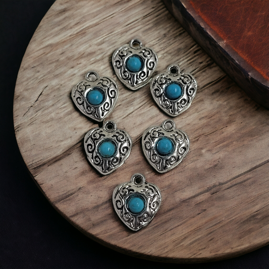 Heart Turquoise/Silver Charms - 6 pieces - Earring Findings