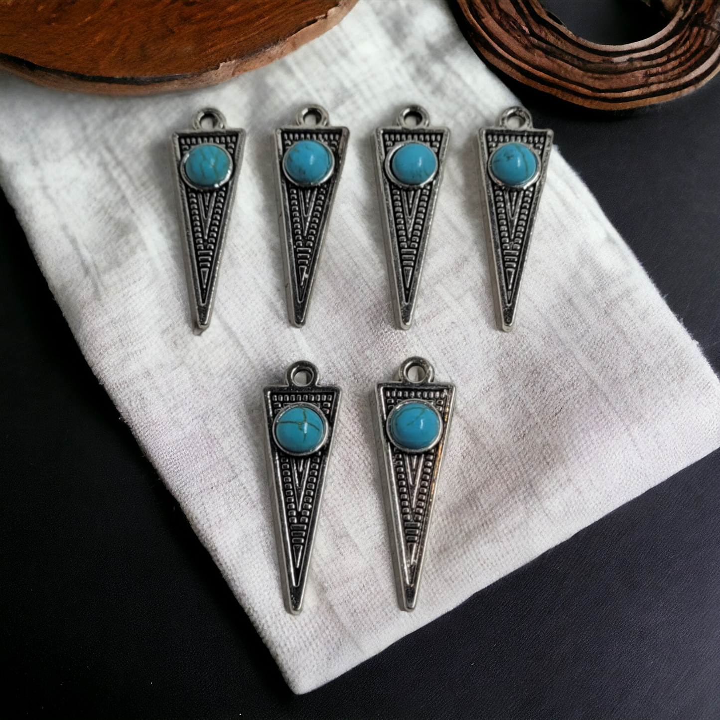 Retro Geometric Pointed Turquoise/Silver Charms - 6 pieces - Earring Findings