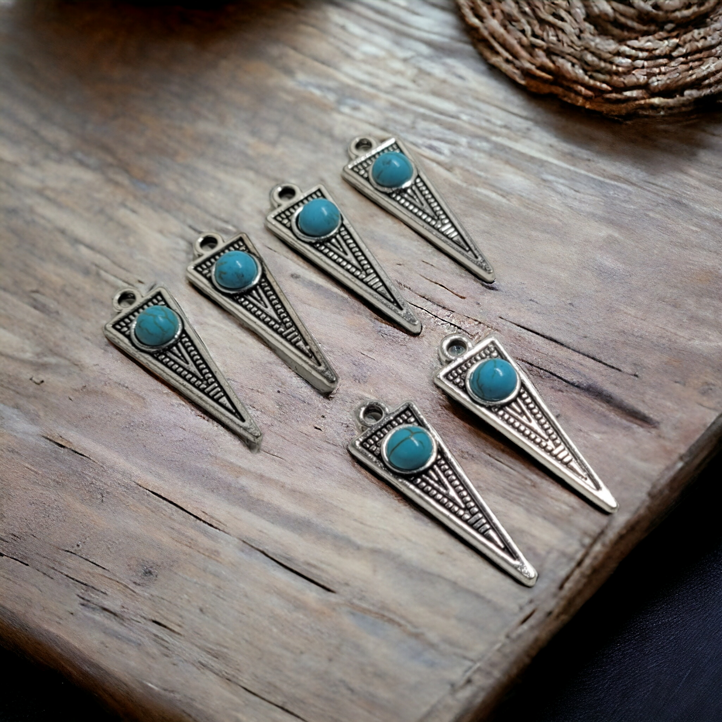 Retro Geometric Pointed Turquoise/Silver Charms - 6 pieces - Earring Findings