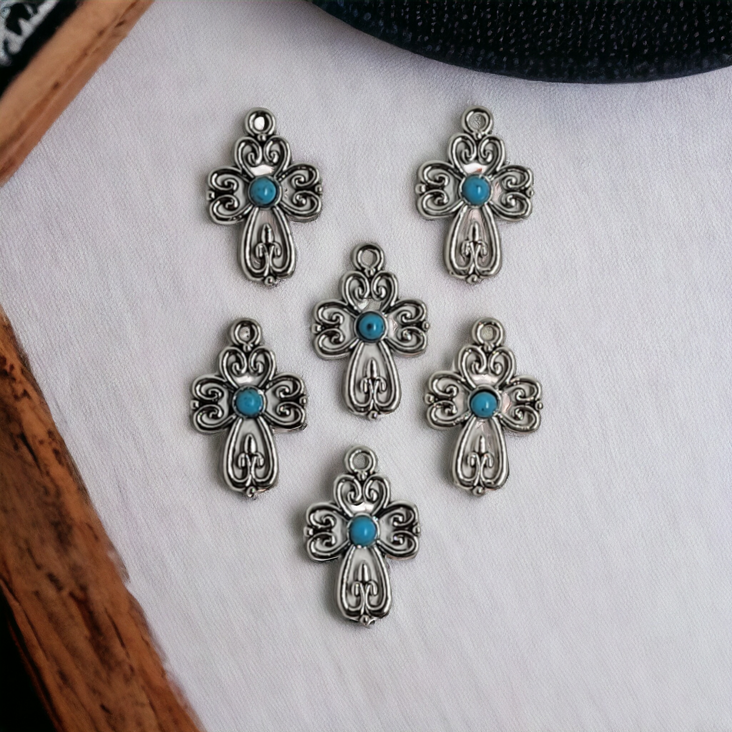 Crosses Turquoise/Silver Charms - 6 pieces - Earring Findings