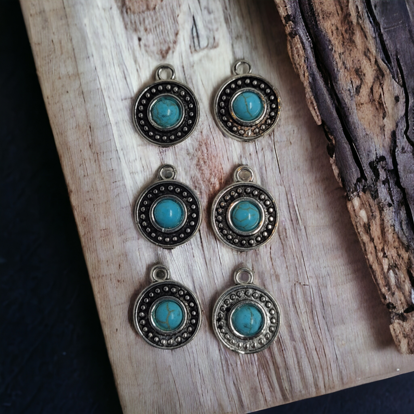 Retro Round Turquoise/Silver Charms - 6 pieces - Earring Findings