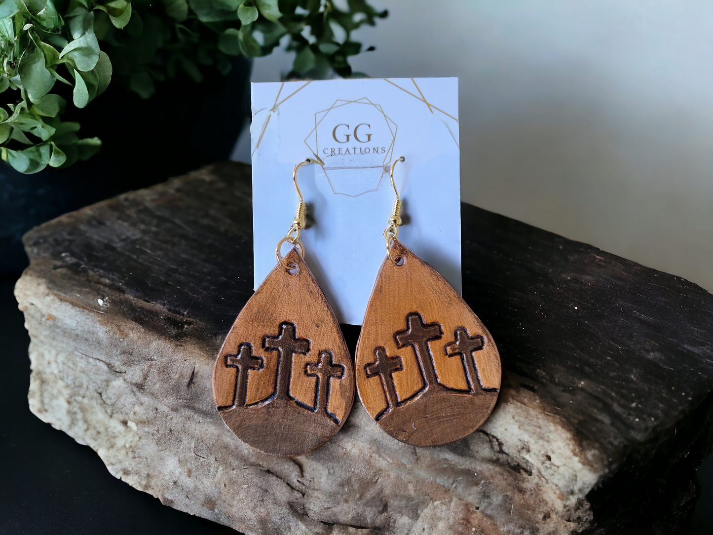 Three Crosses on Hill - 2" Embossed Teardrop - Steel Rule Wooden Earring Die