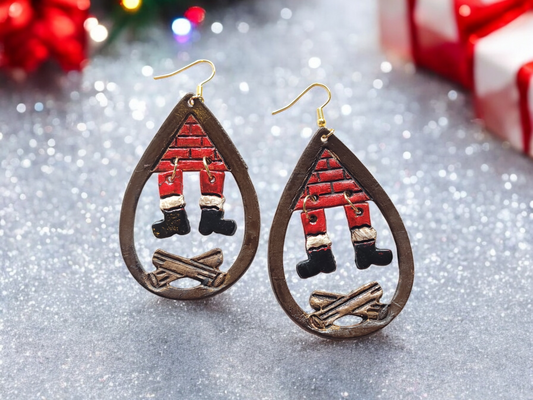 Santa Coming Down the Chimney Teardrop - Embossed Mirrored pairs - Steel Rule Wooden Earring Die