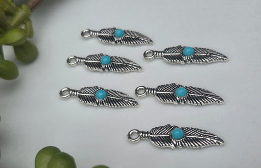 Detailed Feather Charms - Turquoise/Silver - 6 pieces - Findings/Charms