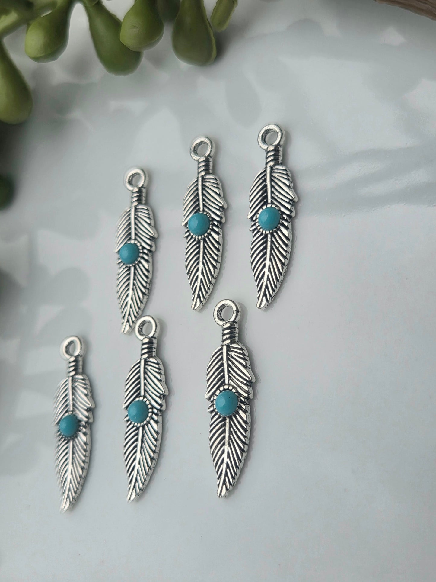 Detailed Feather Charms - Turquoise/Silver - 6 pieces - Findings/Charms