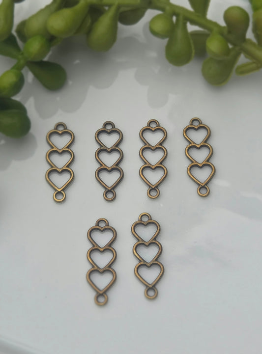 Triple heart charm - Bronze - 6 pieces