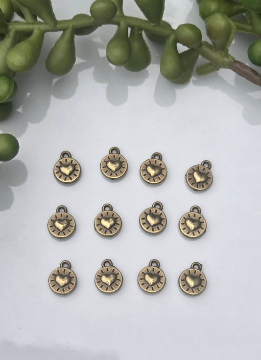 Bronze Circle heart charms - 12 pieces