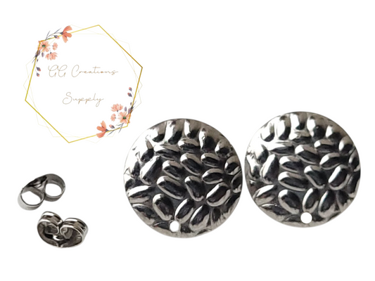 Hammered Round Stainless Steel Earring Stud Connector - 6 pieces