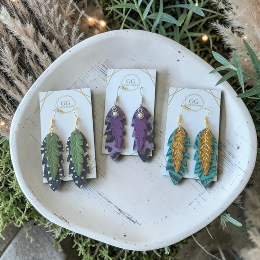 Nora - Embossed Double layered Feather (pair) - Steel Rule Wooden Earring Die