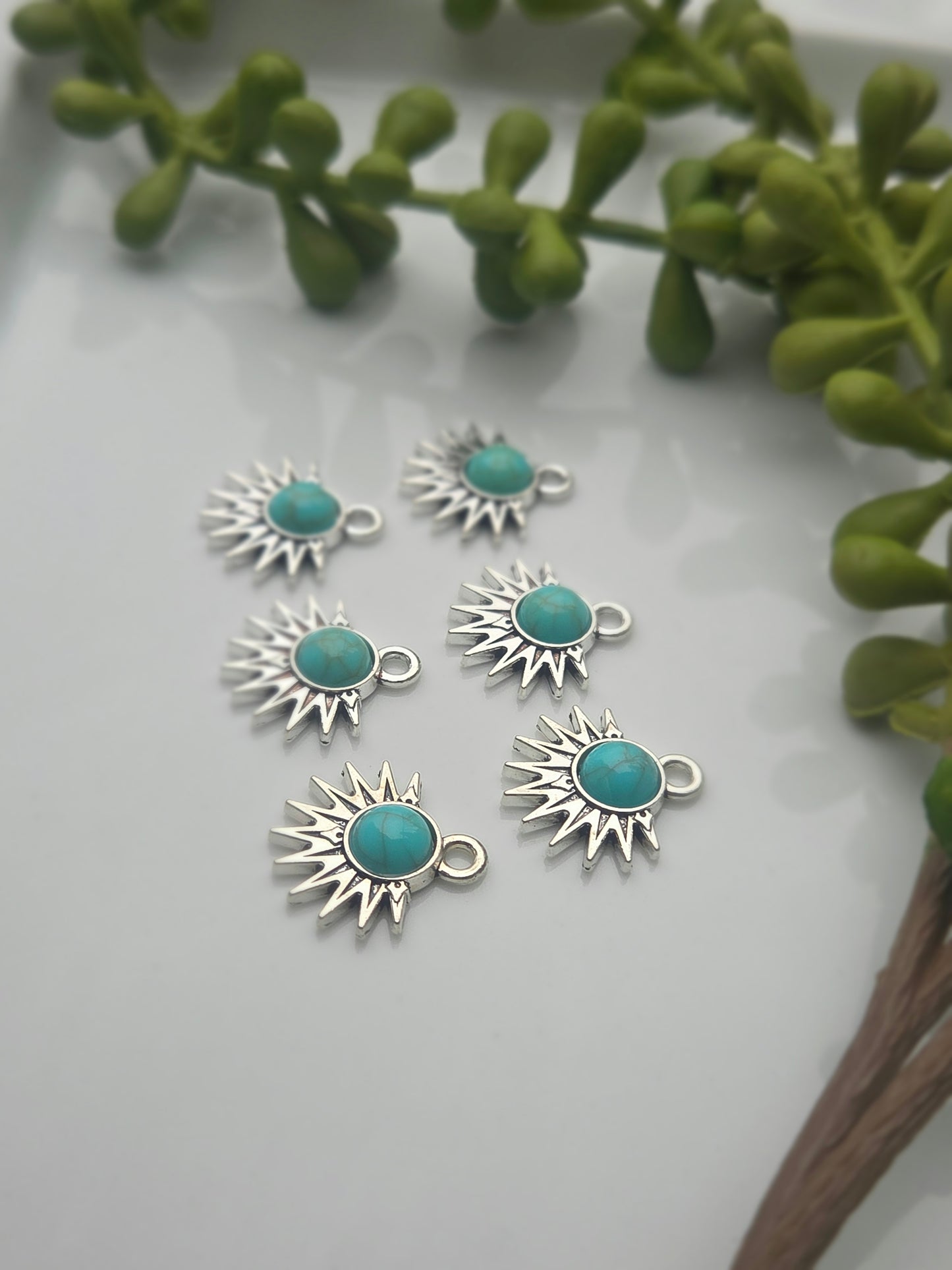 Burst -  Turquoise/Silver Charms - 6 pieces - Earring Findings