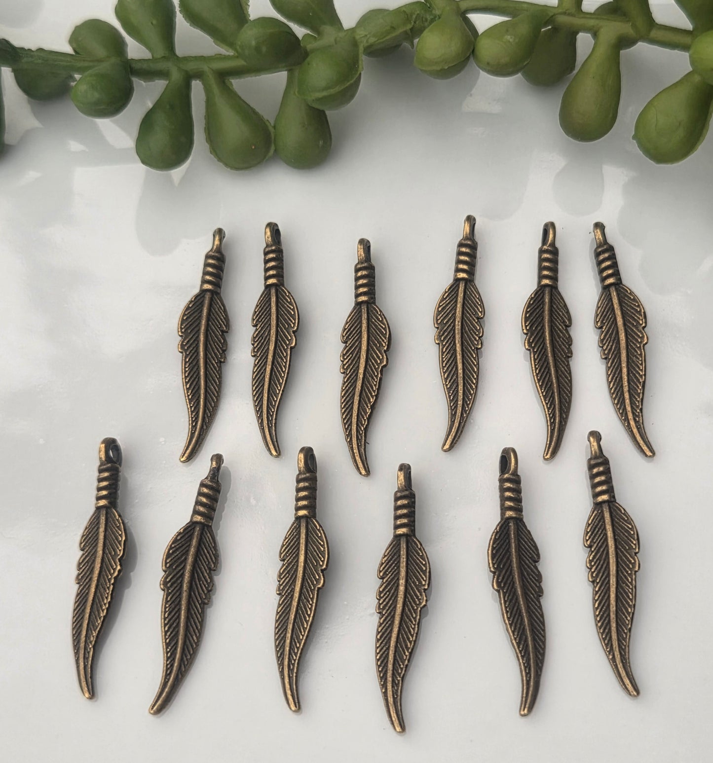 Bronze Tribal Feather Charms  - 12 pcs