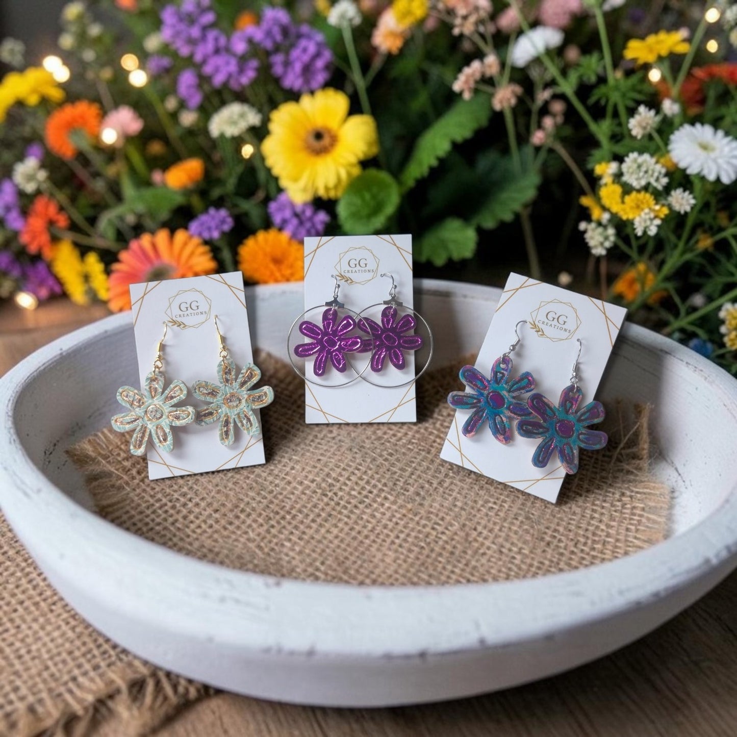Preorder - Boho Happy Flowers - 3 sizes - Embossed and Cutout - Steel Rule Wooden Earring Die