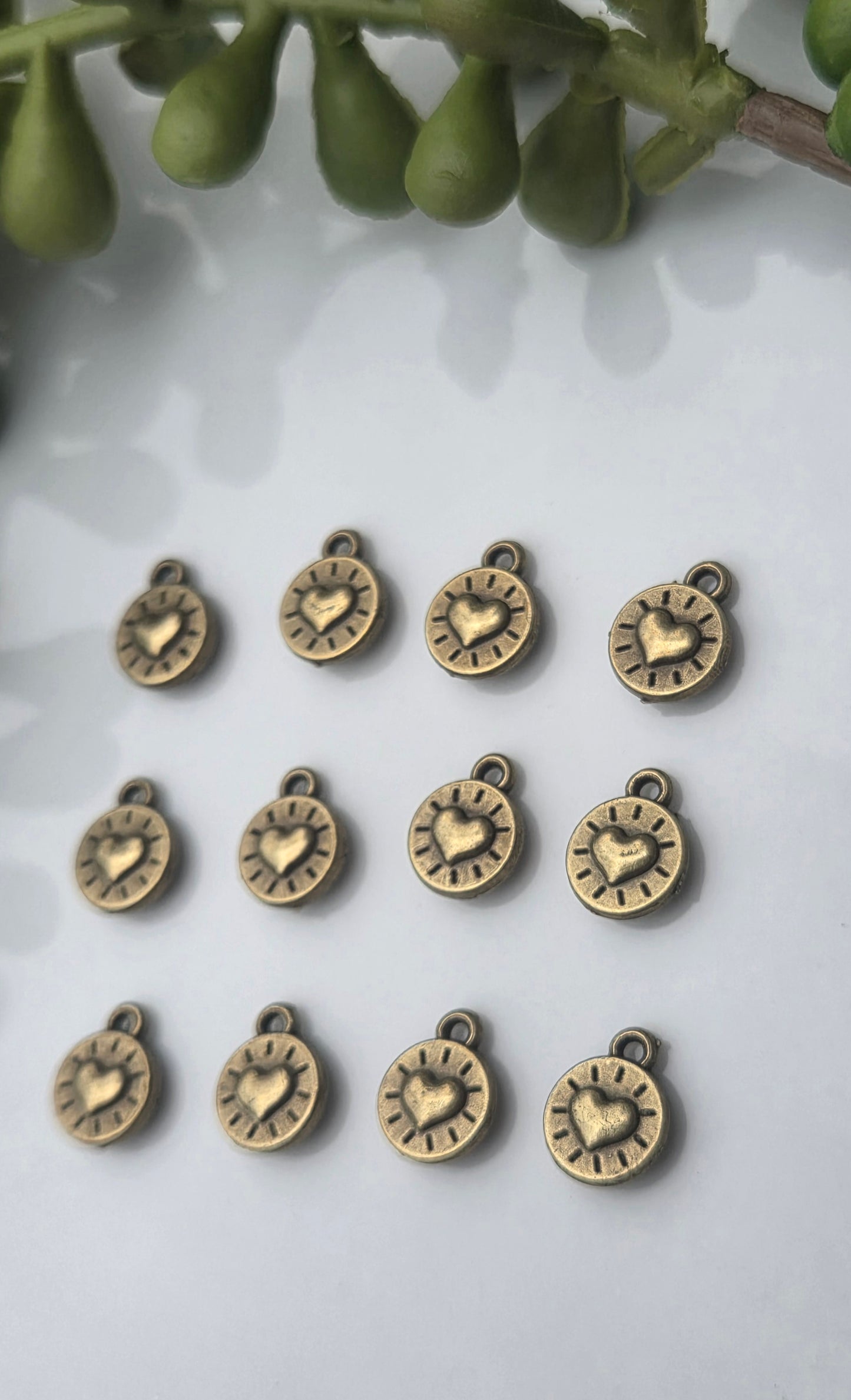 Bronze Circle heart charms - 12 pieces